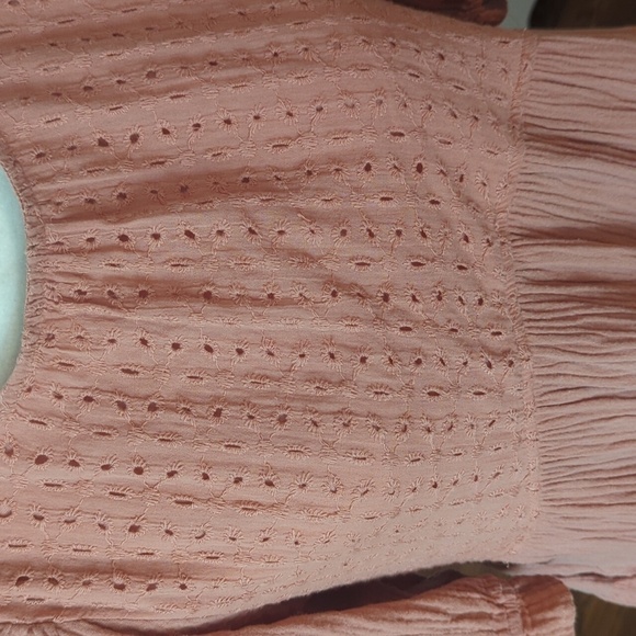 Cottagecore Pink Dress Pleated Tiered Eyelet Cotton Puff Sleeves Tiered Sz L - Picture 5 of 11